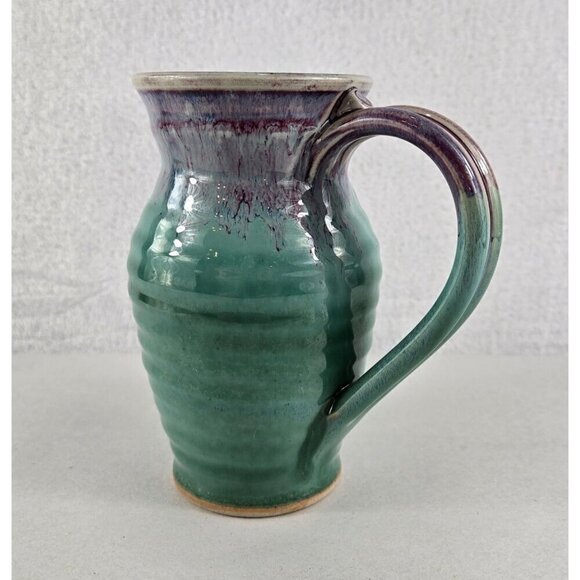 Pottery Mug Stoneware Cup 5.5" Teal Purple Ridged Curved Unique Shape Big Handle - Picture 1 of 14